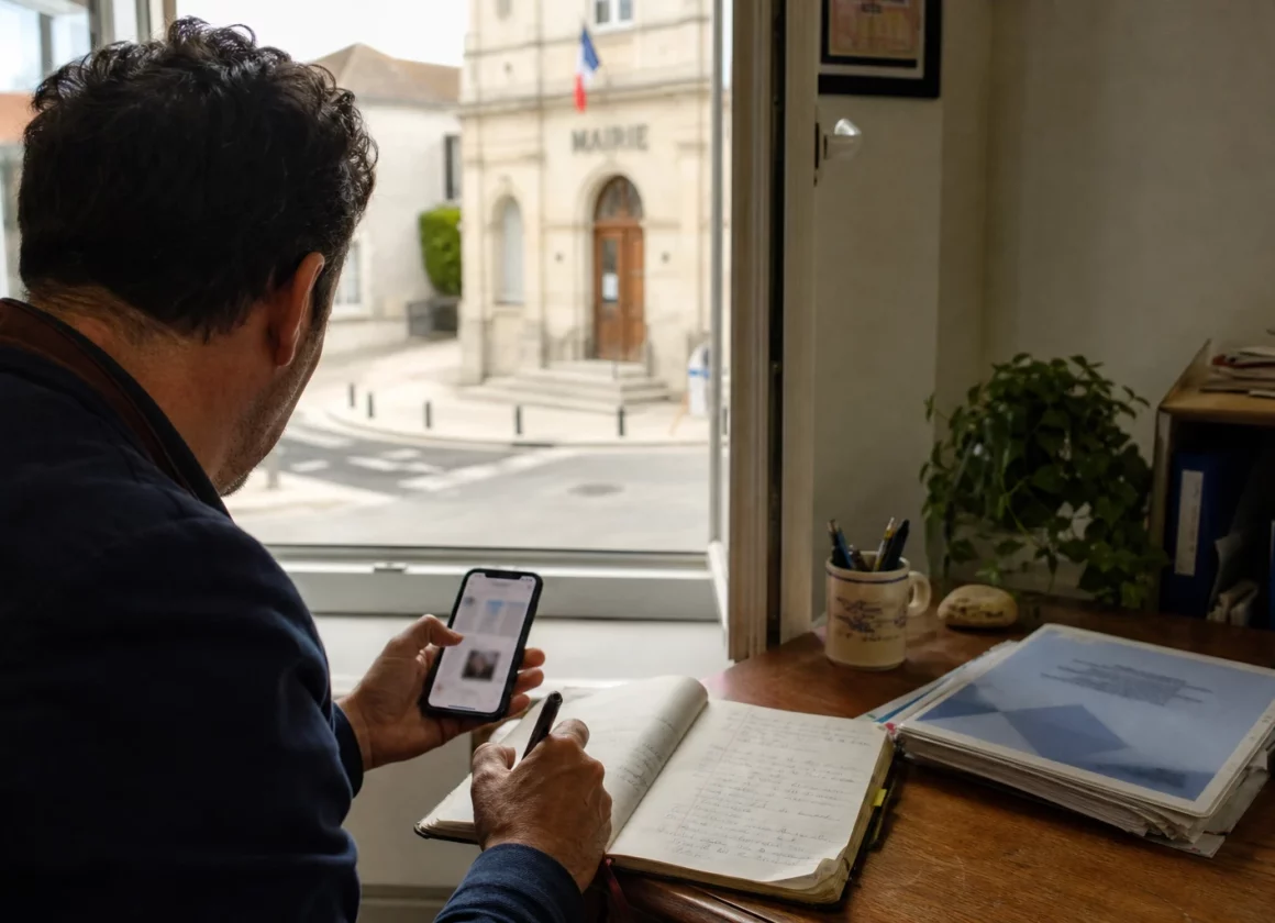 Élu local anonyme prenant des notes sur les réseaux sociaux dans une mairie française lumineuse