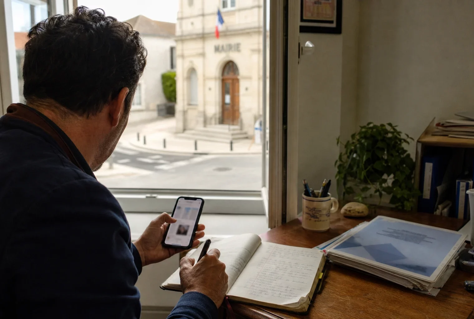 Élu local anonyme prenant des notes sur les réseaux sociaux dans une mairie française lumineuse