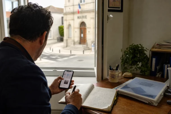 Élu local anonyme prenant des notes sur les réseaux sociaux dans une mairie française lumineuse