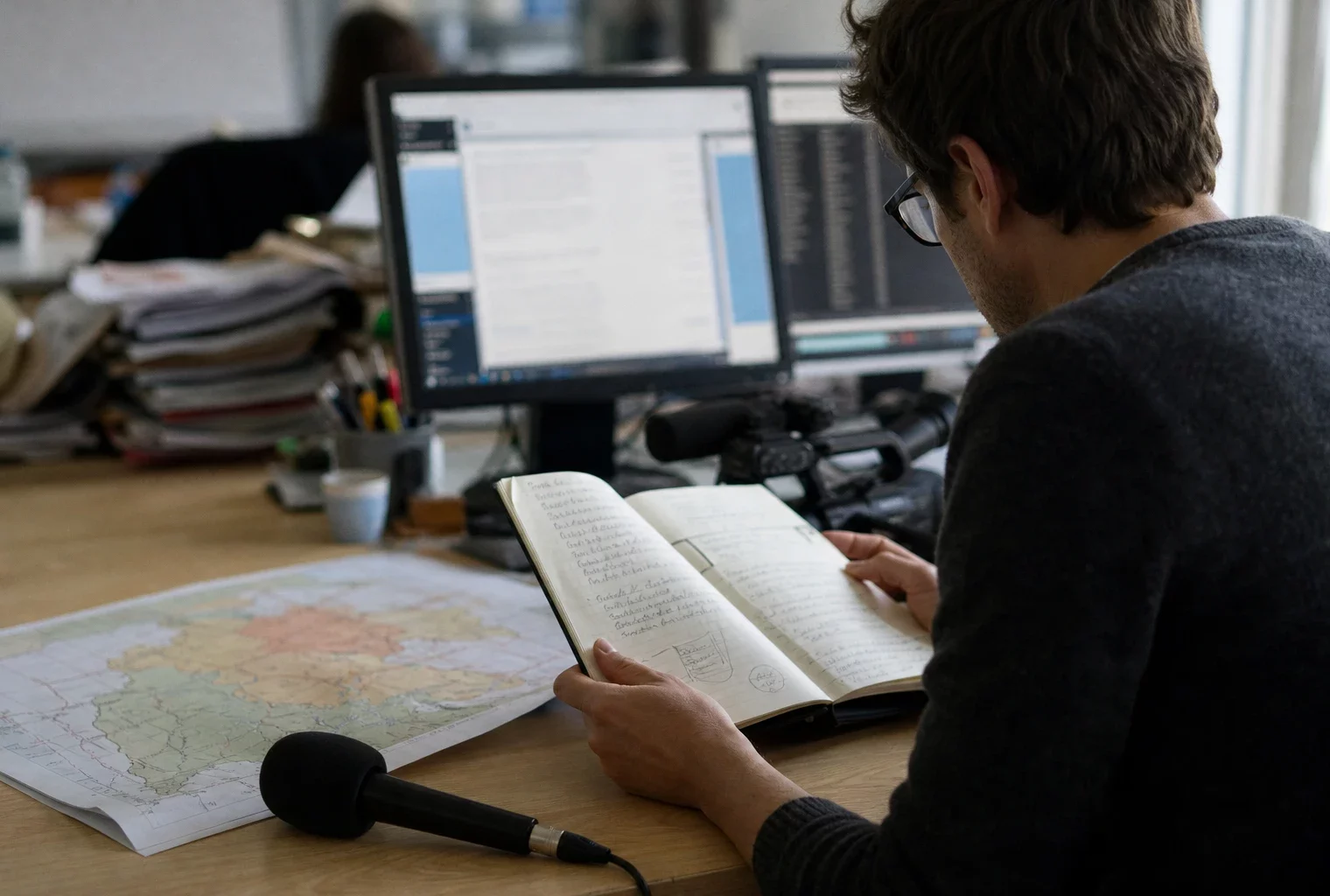 Journaliste préparant une analyse politique dans une rédaction locale, avec carnet, carte régionale floue et micro de presse