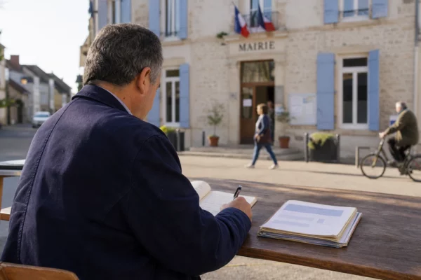 Élu local anonyme prenant des notes devant une mairie française, symbole du duel des gauches pour 2027