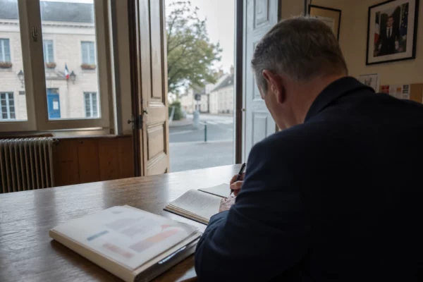Élu local anonyme prenant des notes dans une mairie française, sur fond de rue municipale lumineuse