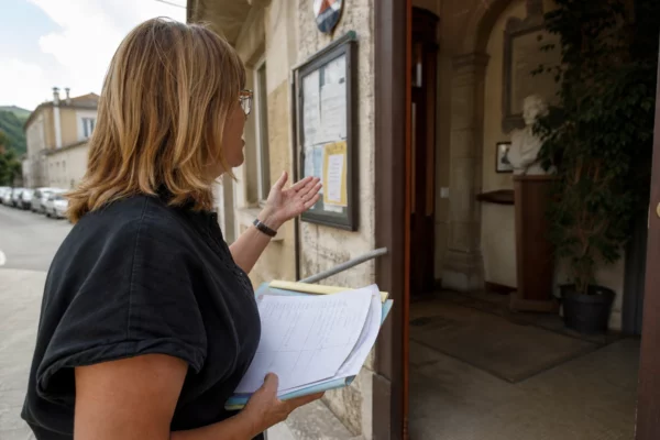 Élu local anonyme tenant un dossier devant une mairie, dans une scène de reportage claire sur la gestion de l’eau.