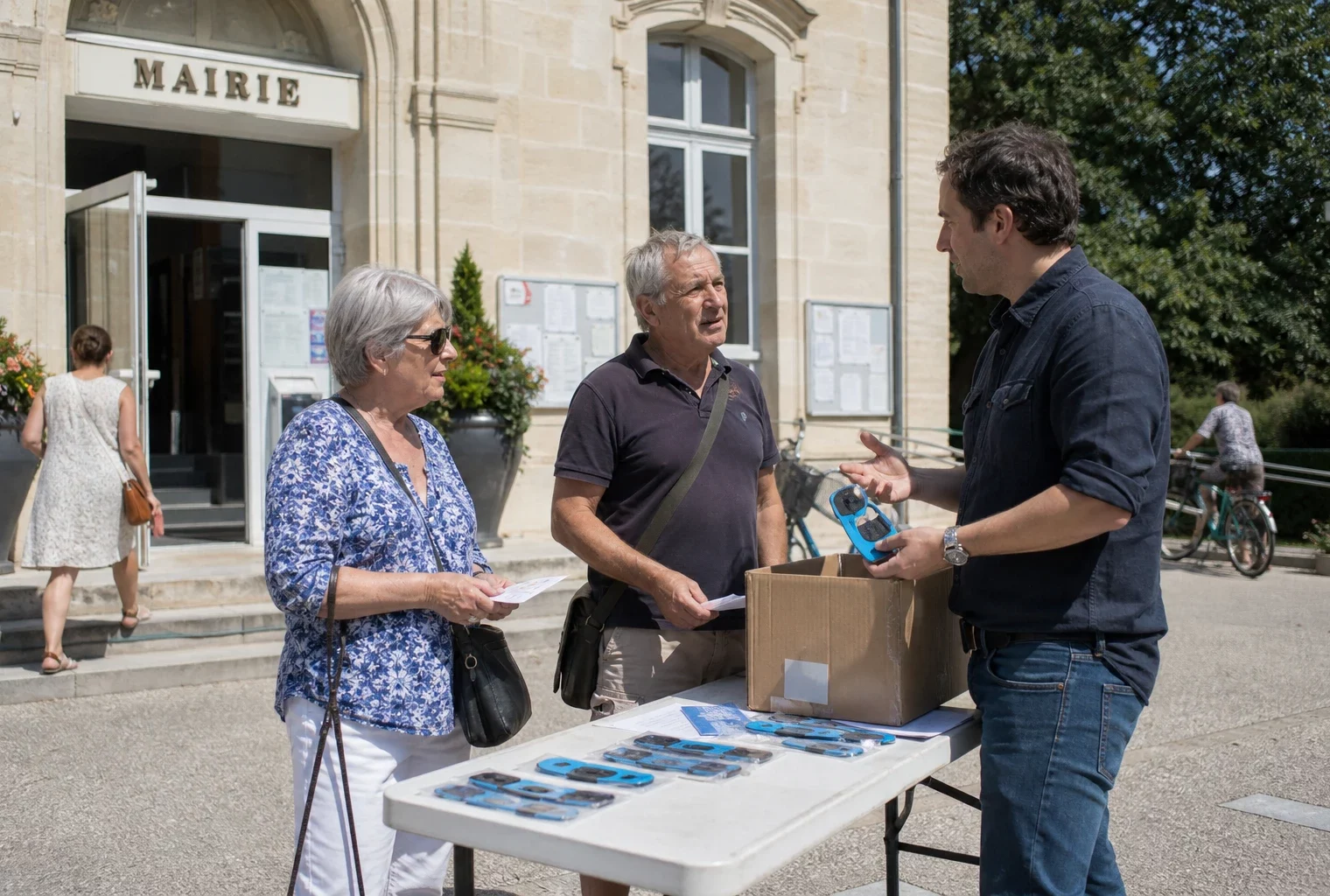 Citoyens échangeant devant une mairie française autour de lunettes de protection pour l’éclipse solaire