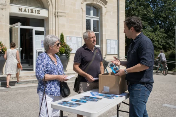 Citoyens échangeant devant une mairie française autour de lunettes de protection pour l’éclipse solaire