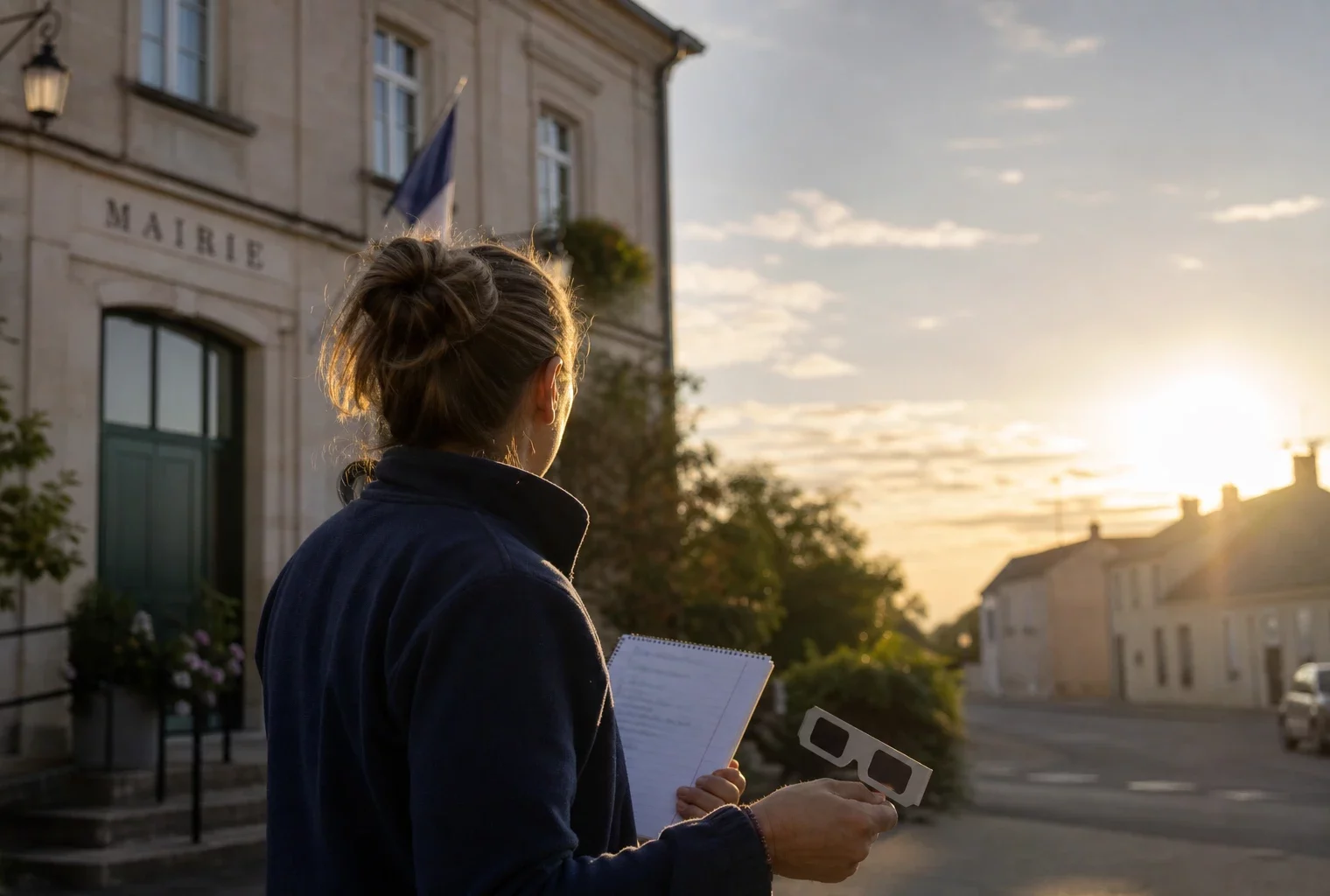 Collaborateur municipal observant le ciel avec des lunettes d’éclipse devant une mairie française au soleil couchant