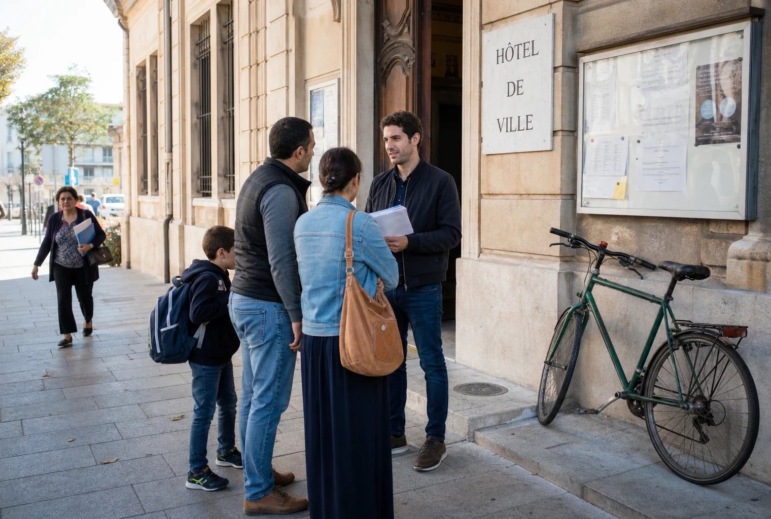 Parents et élu anonymes échangent devant une mairie niçoise au sujet du projet dans les écoles