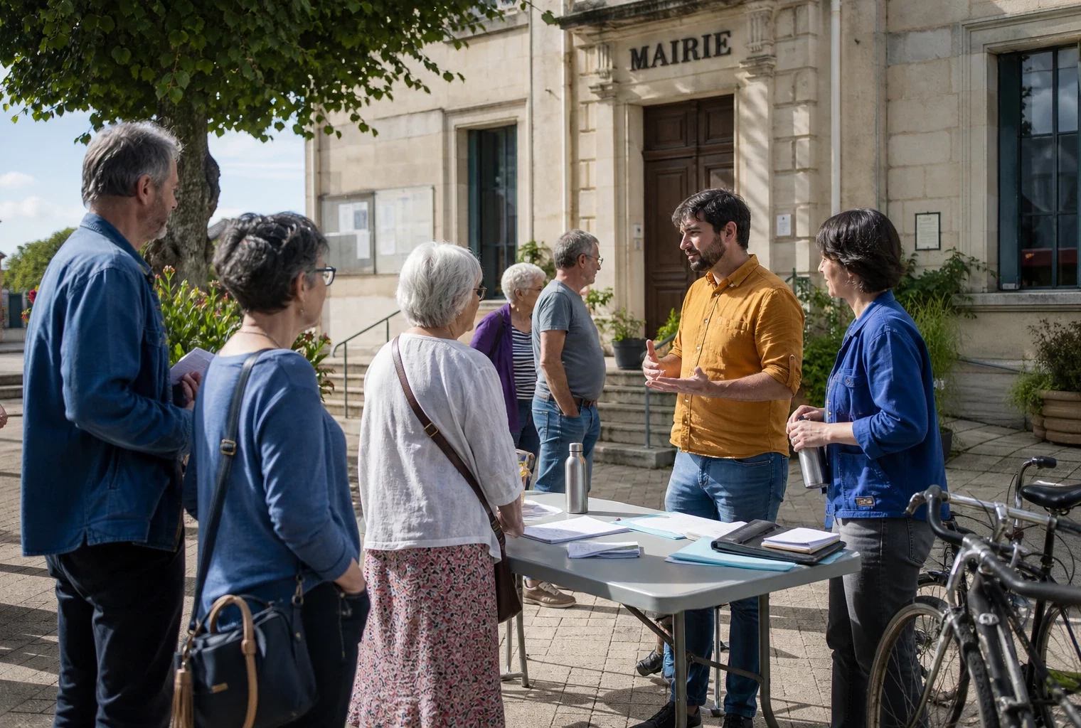 Citoyens anonymes échangeant devant une mairie française sur les enjeux locaux de la transition écologique