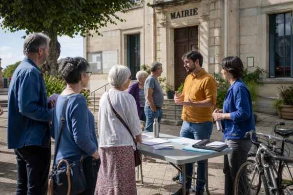 Citoyens anonymes échangeant devant une mairie française sur les enjeux locaux de la transition écologique