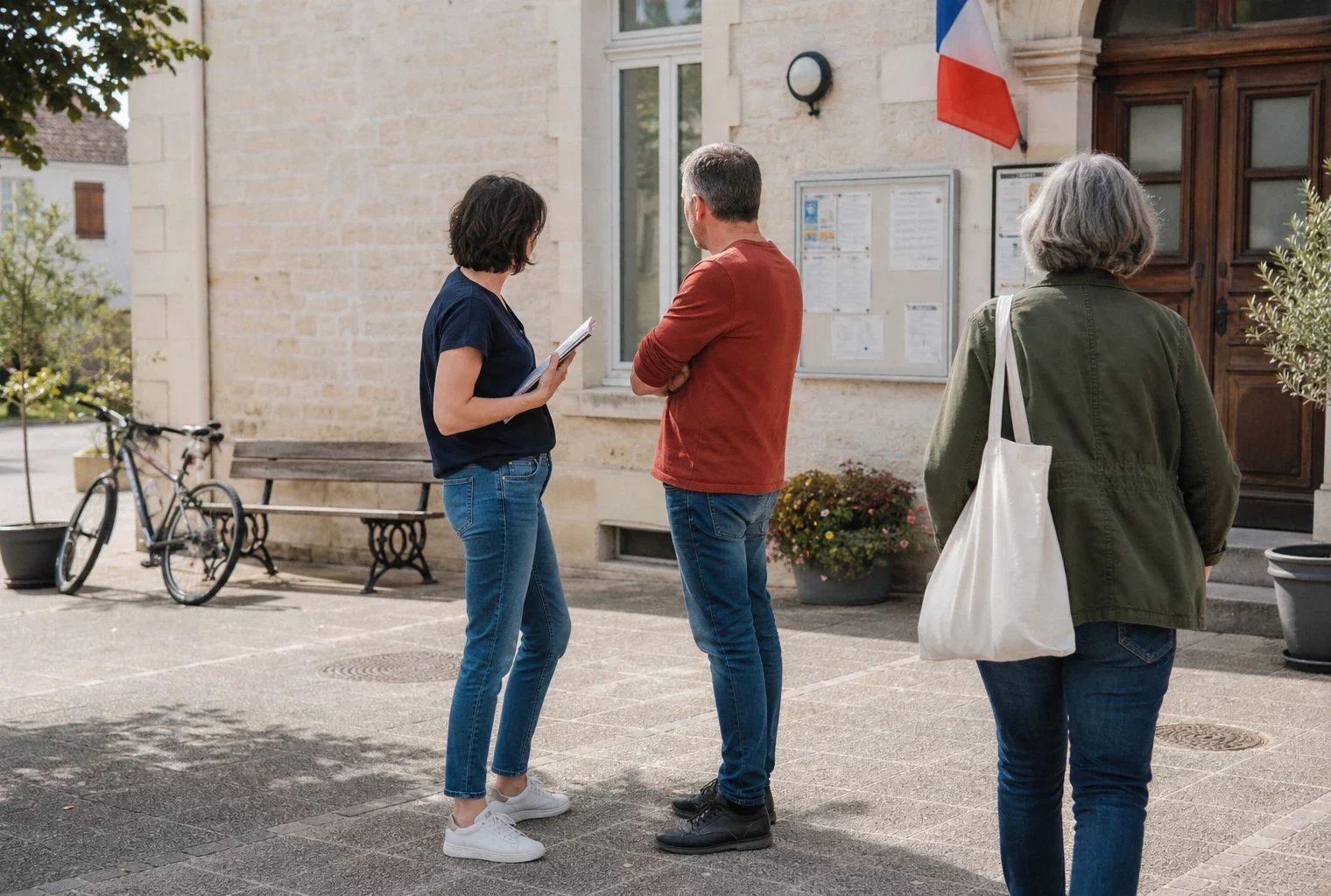 Citoyens anonymes échangeant sur le parvis d’une mairie française, dans une scène de vie politique locale lumineuse