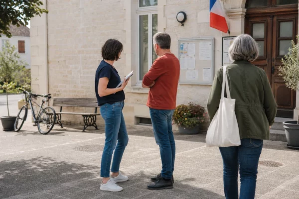 Citoyens anonymes échangeant sur le parvis d’une mairie française, dans une scène de vie politique locale lumineuse