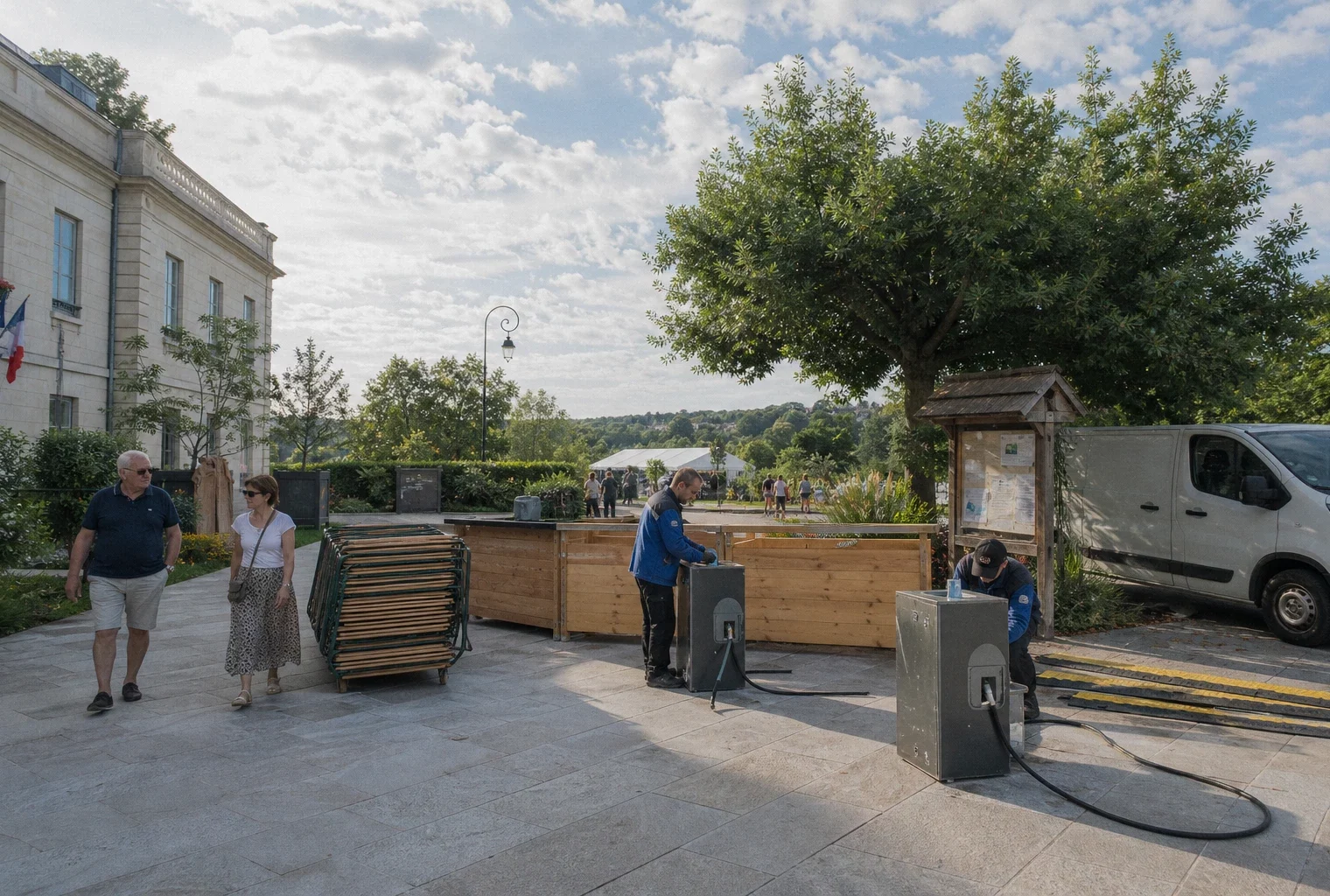 Préparation d’un festival musical à Saint-Cloud avec des travailleurs et des habitants dans un espace public lumineux