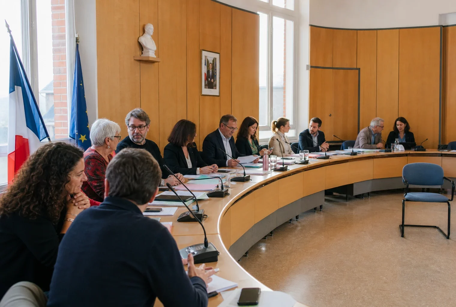 Salle municipale française avec micros, dossiers flous et une chaise vide lors d’un conseil local