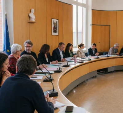 Salle municipale française avec micros, dossiers flous et une chaise vide lors d’un conseil local
