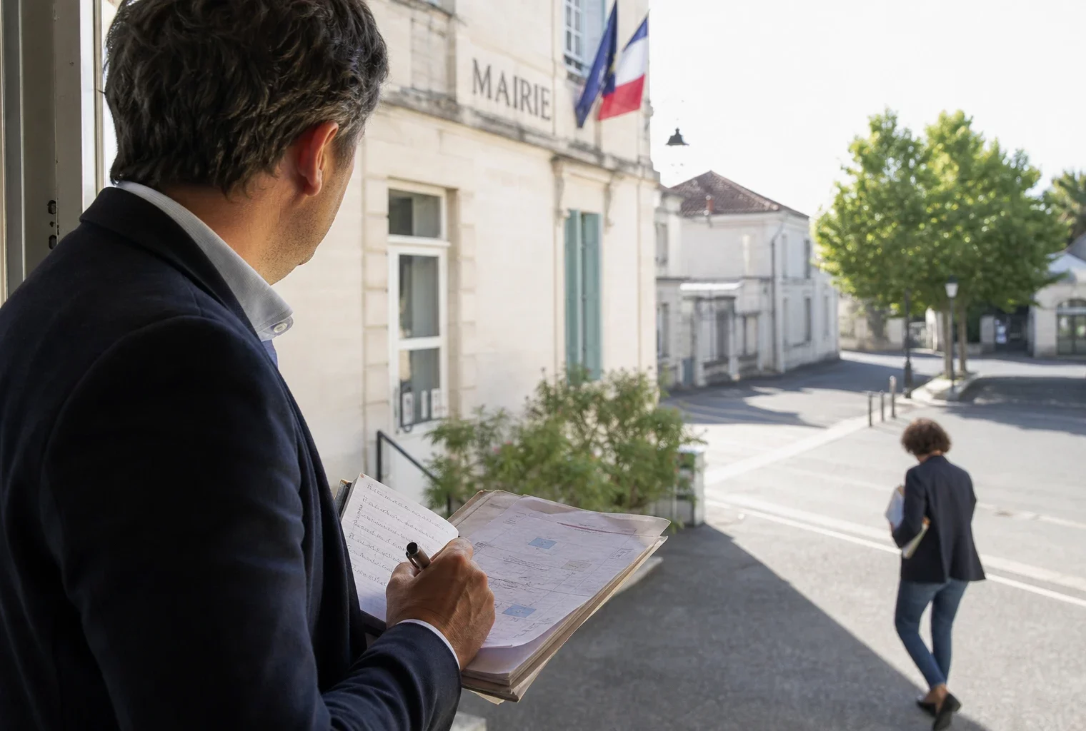 Élu local consultant un dossier sur la canicule et la prévention des incendies devant une mairie française