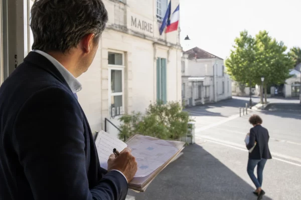 Élu local consultant un dossier sur la canicule et la prévention des incendies devant une mairie française