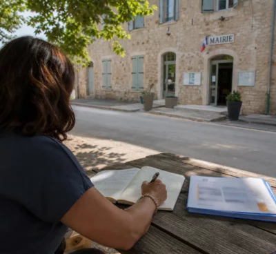 Élu local prenant des notes devant une mairie française après un été marqué par les canicules et les incendies