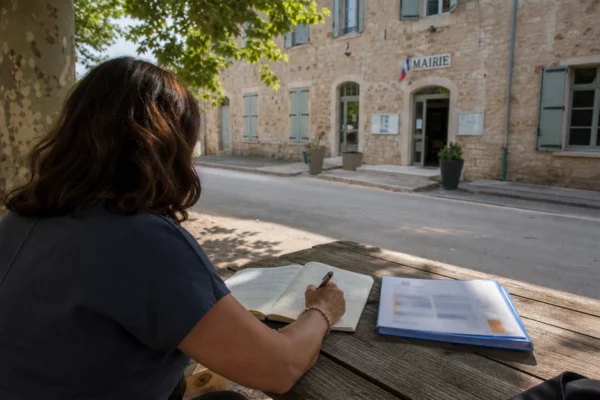 Élu local prenant des notes devant une mairie française après un été marqué par les canicules et les incendies