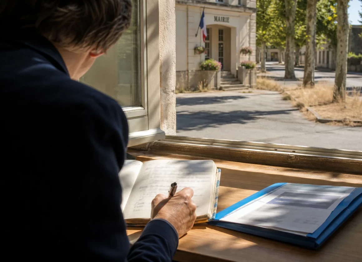 Élu local anonyme prenant des notes sur la chaleur et la sécheresse devant une mairie française en plein été