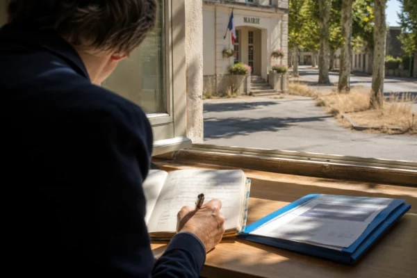 Élu local anonyme prenant des notes sur la chaleur et la sécheresse devant une mairie française en plein été