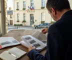 Élu local anonyme consultant un dossier de protection civile dans une mairie française lumineuse