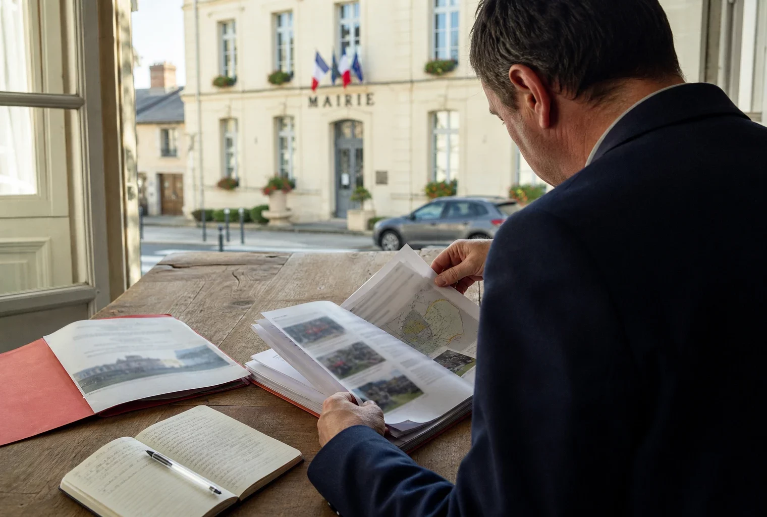 Élu local anonyme consultant un dossier de protection civile dans une mairie française lumineuse