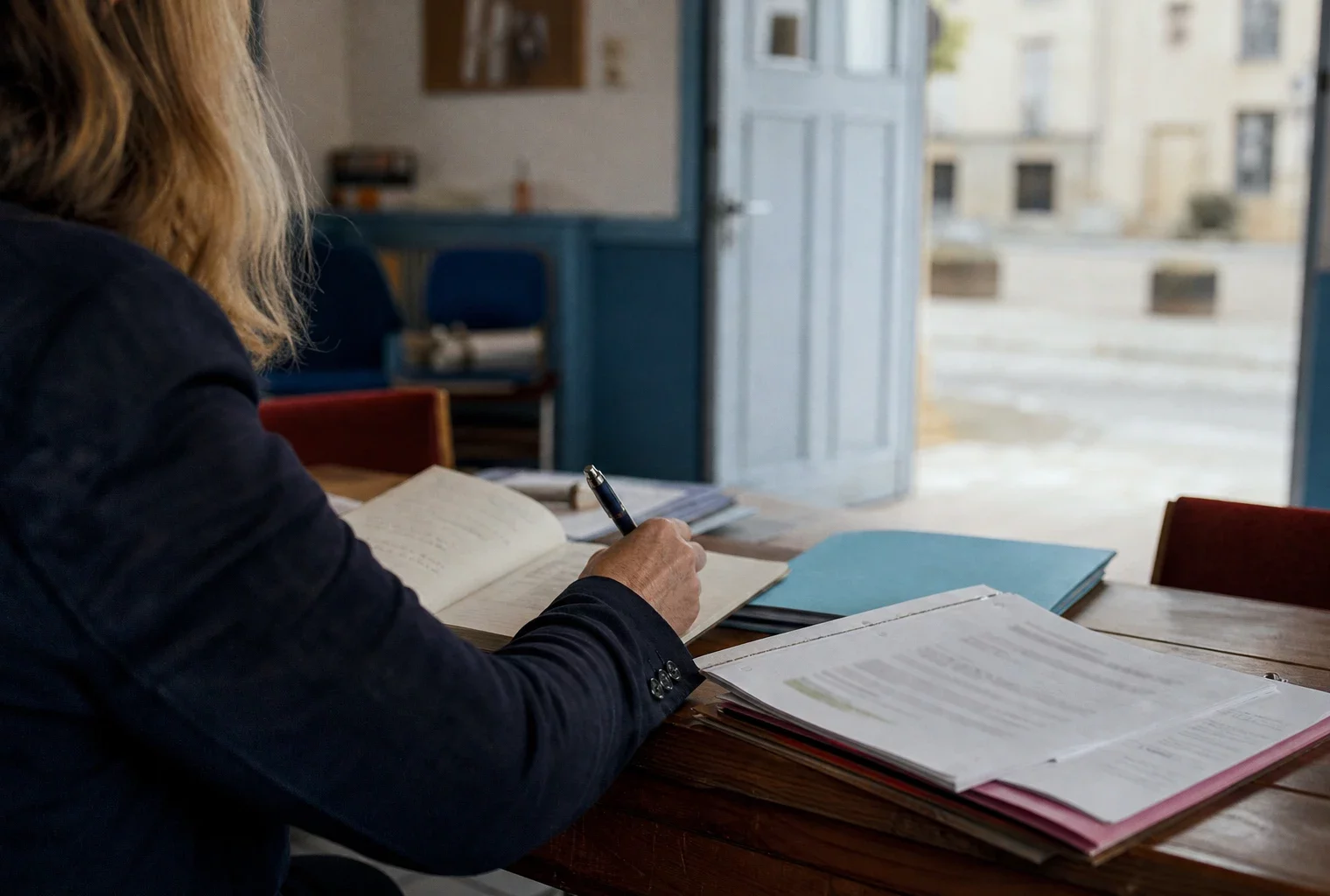 Élu local anonyme annotant un dossier dans une mairie française avant les élections sénatoriales