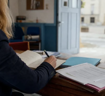 Élu local anonyme annotant un dossier dans une mairie française avant les élections sénatoriales