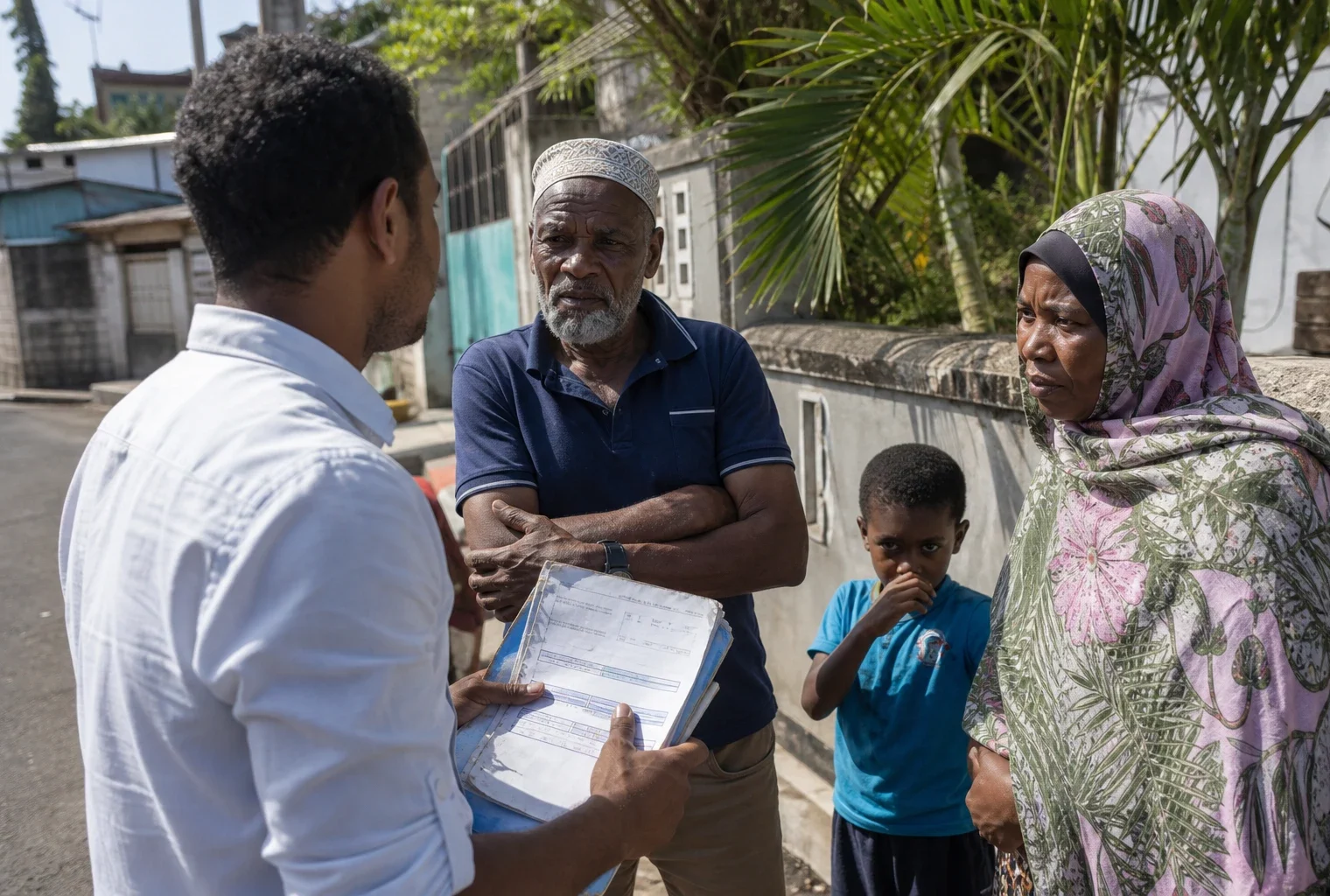Élu local mahorais échangeant avec des habitants dans une rue de Mayotte, carnet et dossier en main
