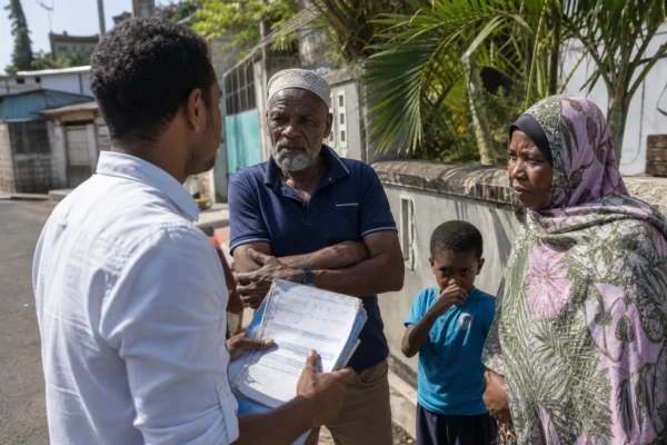 Élu local mahorais échangeant avec des habitants dans une rue de Mayotte, carnet et dossier en main