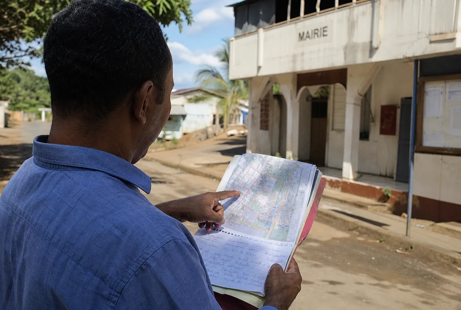 Élu local anonyme consultant un dossier de reconstruction devant une mairie à Mayotte, sous une lumière claire