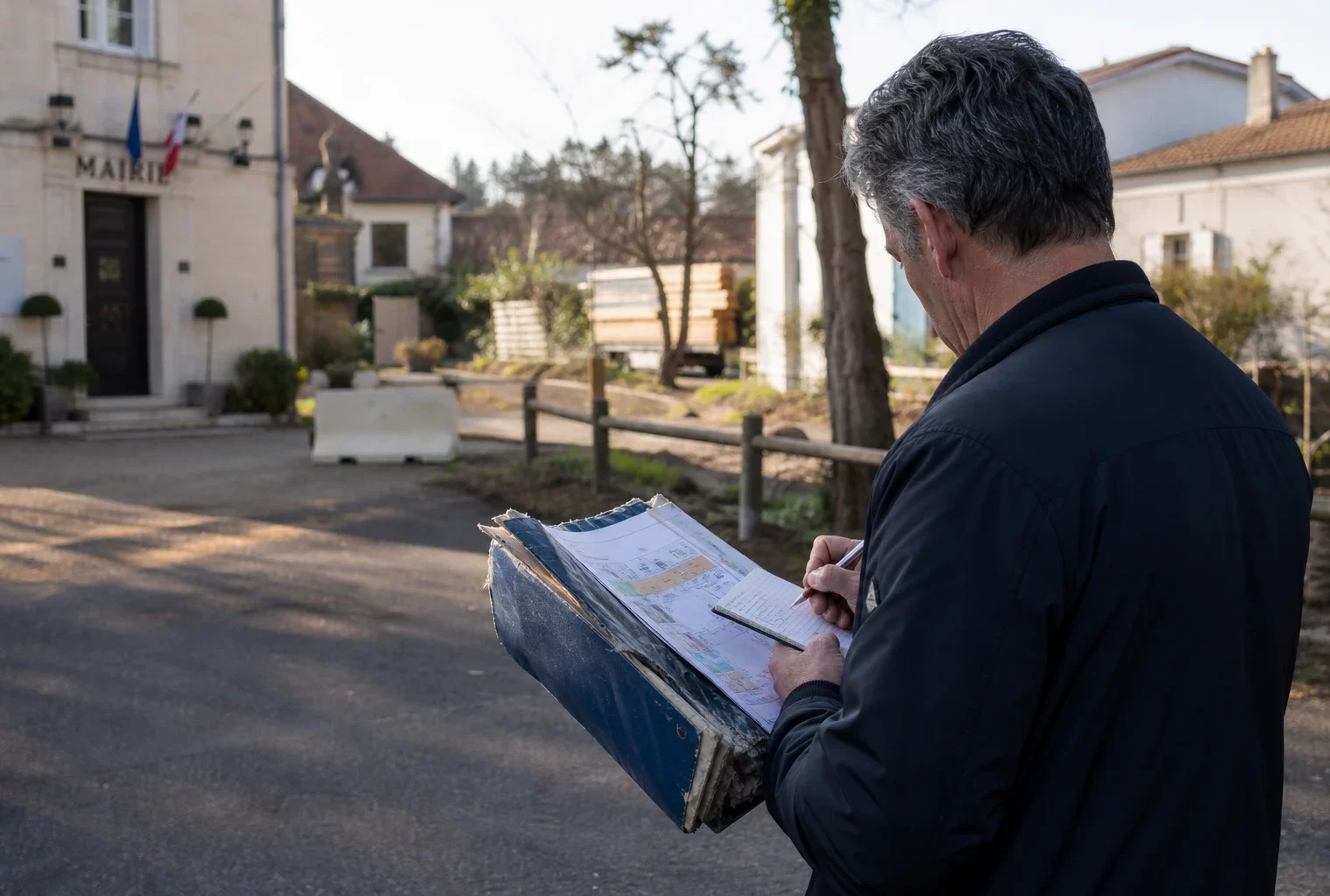 Élu local anonyme prenant des notes devant une mairie du Porge après l’incendie en Gironde