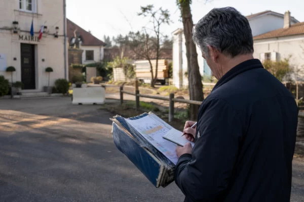 Élu local anonyme prenant des notes devant une mairie du Porge après l’incendie en Gironde