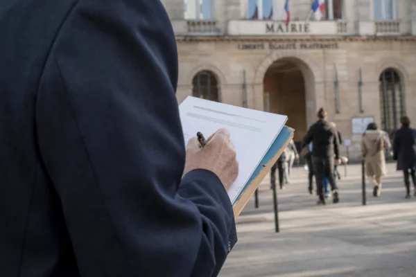 Élu local anonyme annotant un dossier devant une mairie de Saint-Denis, image évoquant le contrôle d’un emploi public