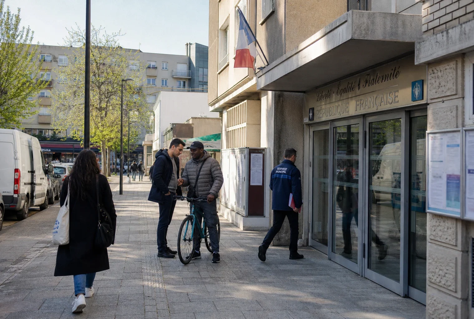 Rue de Saint-Denis devant un équipement municipal, avec habitants anonymes et scène de service public au quotidien