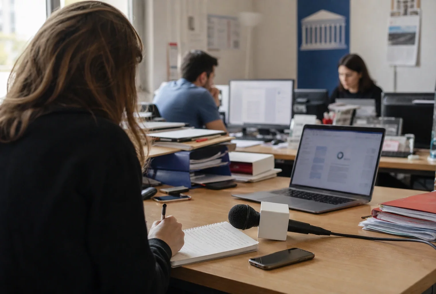 Rédaction française préparant un sujet d’enquête sur le cumul d’un mandat local et d’un emploi public