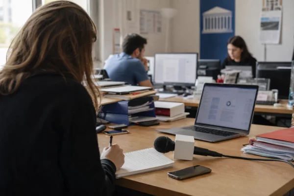 Rédaction française préparant un sujet d’enquête sur le cumul d’un mandat local et d’un emploi public