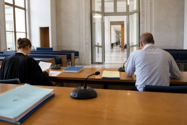 Salle institutionnelle française où magistrats et enquêteurs examinent des dossiers de violences sexuelles sur mineurs