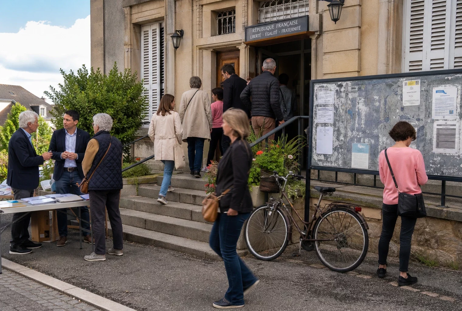 Citoyens anonymes échangeant devant une mairie française, dans une scène claire de vie civique locale