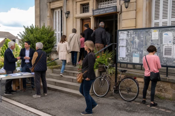 Citoyens anonymes échangeant devant une mairie française, dans une scène claire de vie civique locale