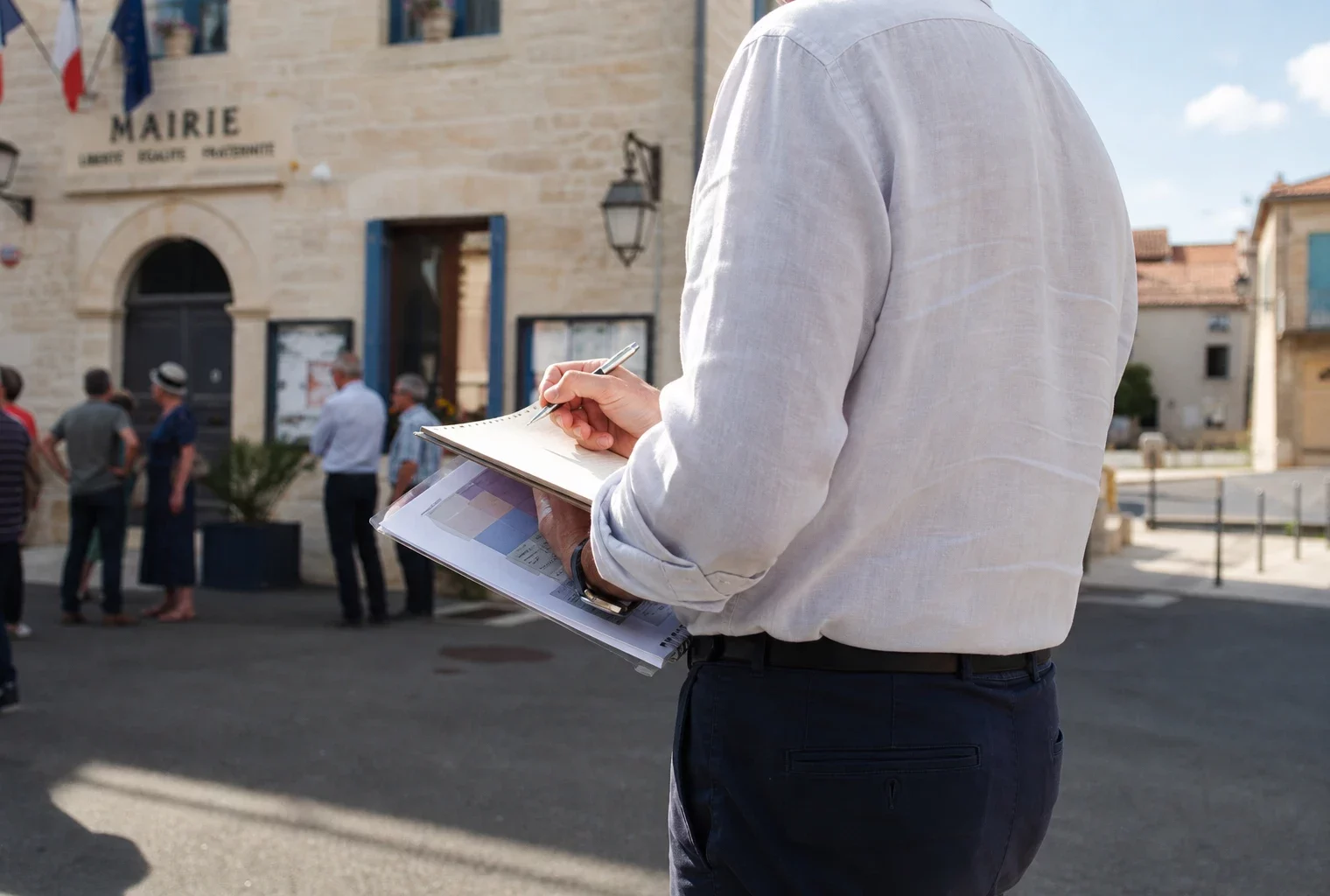 Collaborateur politique anonyme prenant des notes devant une mairie française pendant une campagne estivale