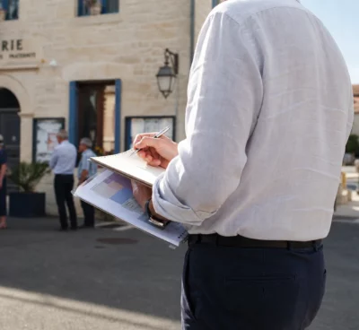 Collaborateur politique anonyme prenant des notes devant une mairie française pendant une campagne estivale