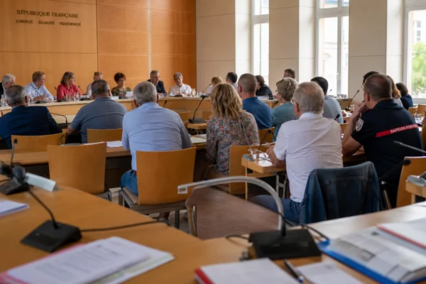 Salle municipale française avec chaise vide, micros et dossiers lors d’un débat sur le financement des pompiers