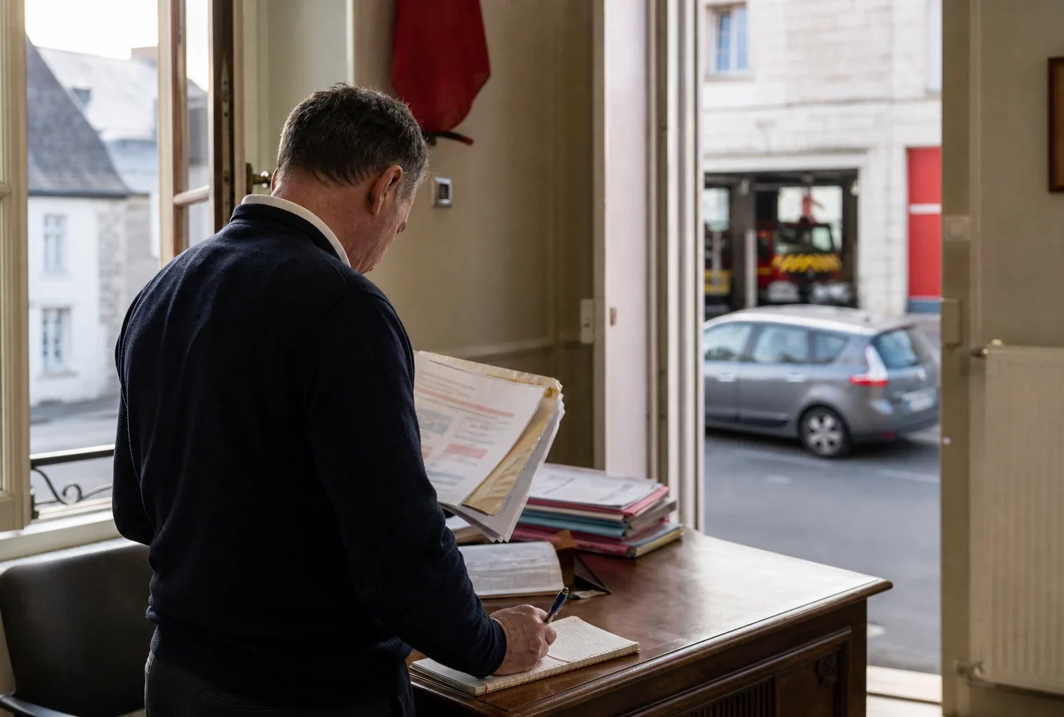 Élu local anonyme consultant un dossier sur le financement des pompiers dans une mairie française