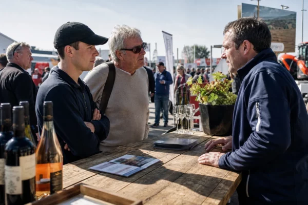Électeurs anonymes échangeant dans un stand viticole à la Foire de Châlons-en-Champagne