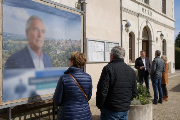 Citoyens anonymes devant une mairie française observant une ancienne affiche de campagne aux textes flous