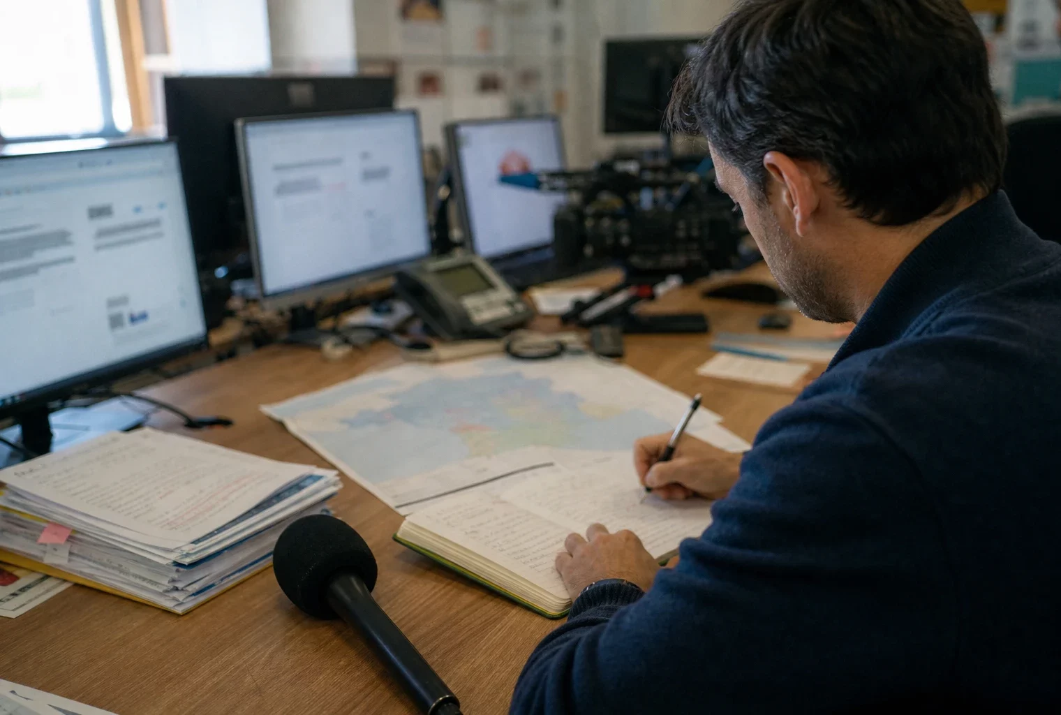 Journaliste préparant une analyse politique dans une rédaction locale, avec carnet, carte floue et micro de presse