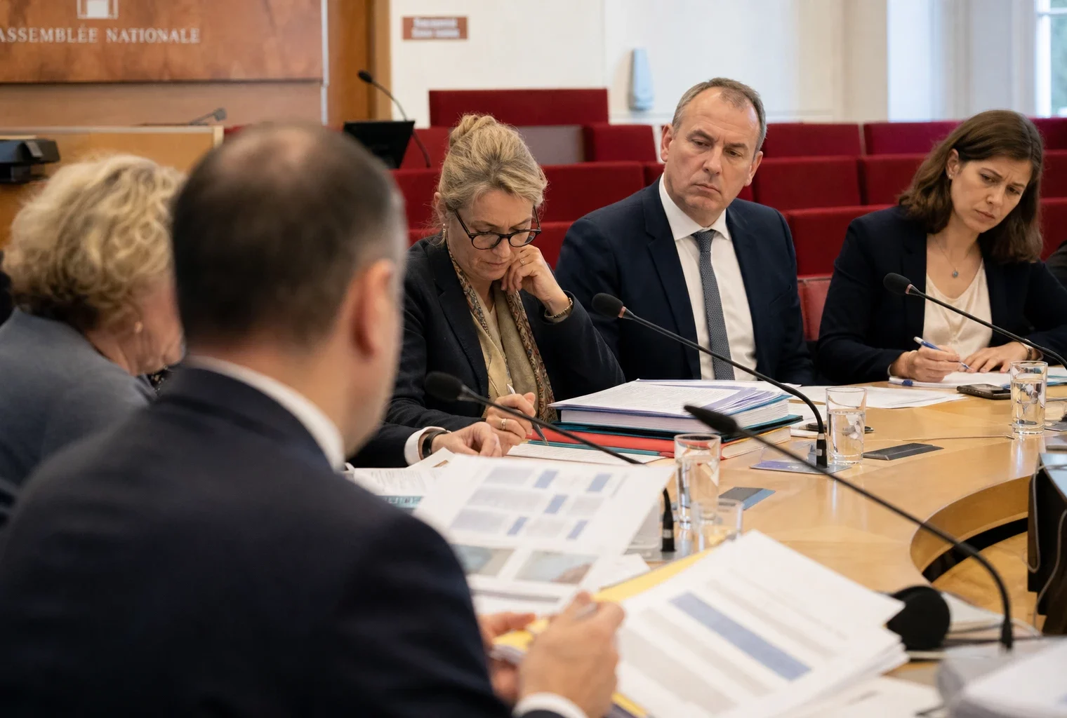 Réunion parlementaire française sur le budget, avec élus anonymes, dossiers ouverts et micros autour d’une table