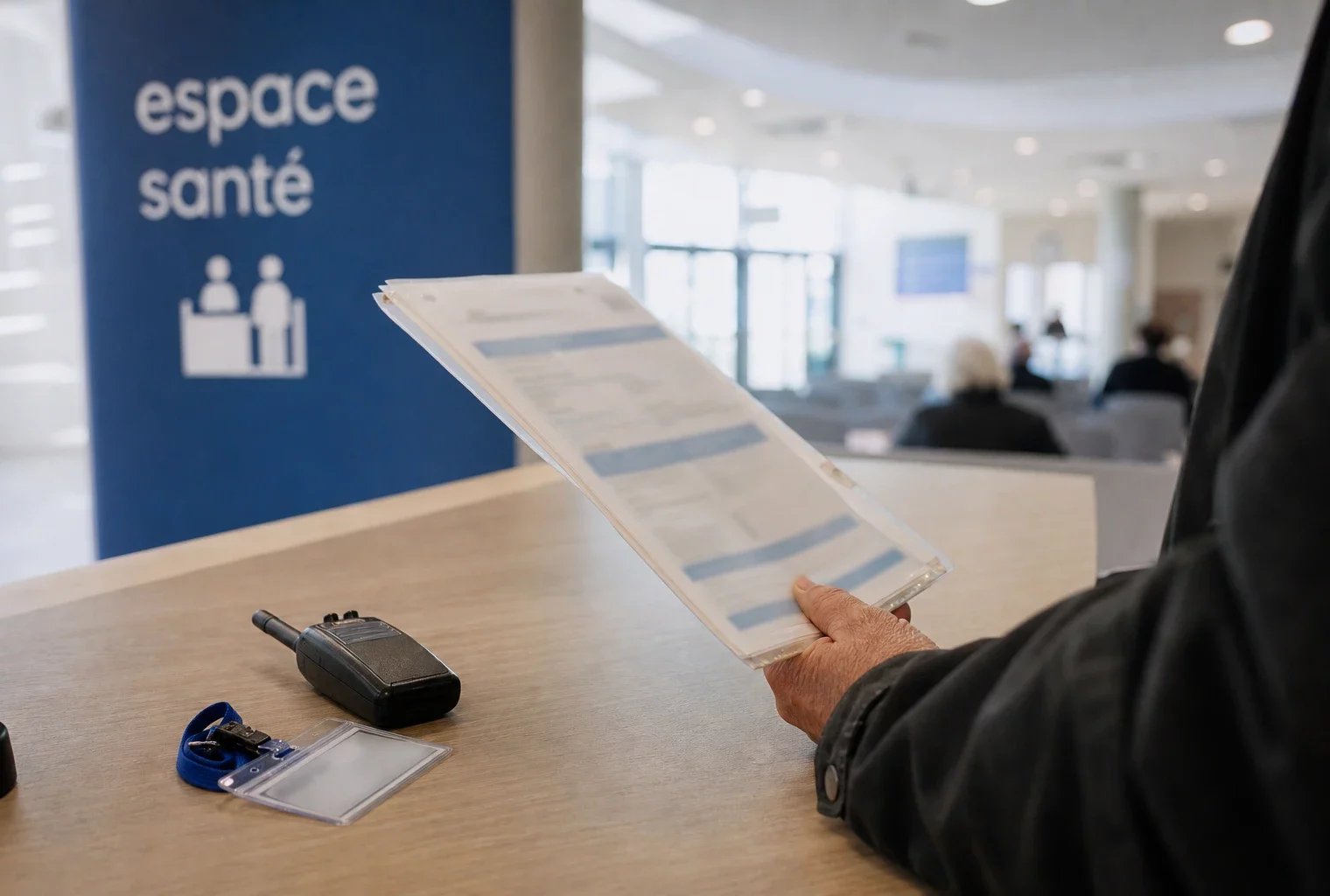 Main tenant un dossier de remboursement de soins dans un hall clair de service public français