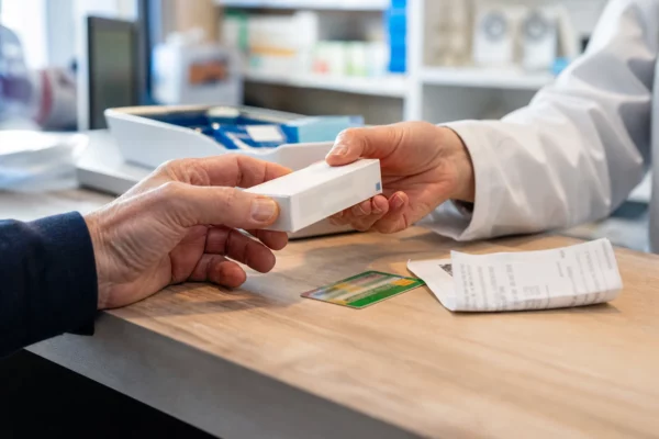 Gros plan sur une main recevant une boîte de médicaments dans une pharmacie française, symbole du reste à charge